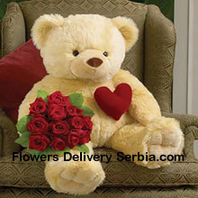 11 Red Roses with Cuddly 32 Inches Teddy