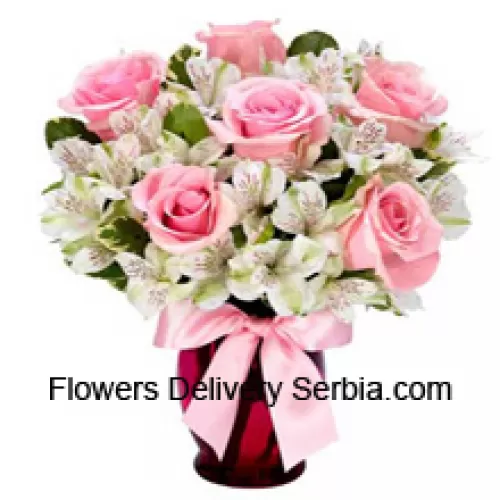 Pink Roses And White Alstroemeria Arrannged Beautifully In A Glass Vase