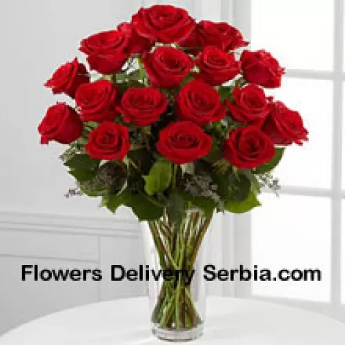 19 Red Roses With Some Ferns In A Vase