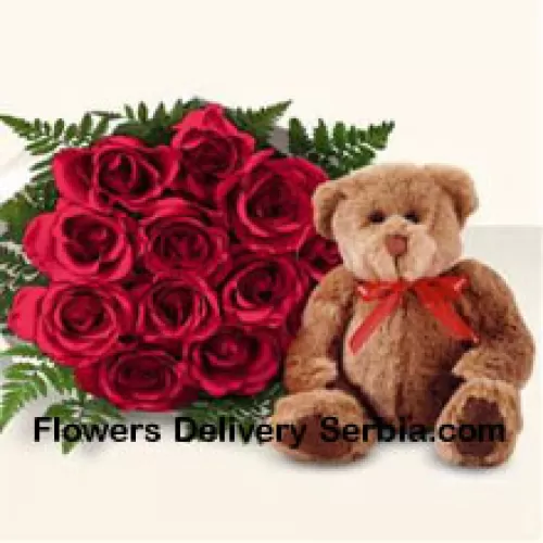 Bouquet de 11 roses rouges avec un mignon ourson brun de 8 pouces