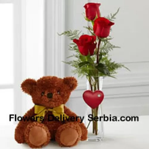 Trois roses rouges dans un vase tube à essai rouge et un mignon ourson brun de 10 pouces (Nous nous réservons le droit de remplacer le vase en cas de non-disponibilité. Stock limité)