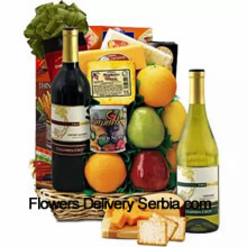 This Gift Basket includes Columbia-Crest cabernet sauvignon red wine, Columbia-Crest Chardonnay white wine, 6 pieces of orchard fresh fruit, Monterey Jack cheese, Colby Cheddar, Muenster cheeses, Barber cream crackers, Monet crispy crackers, Imported traditional Italian breadsticks, Salem Baking Co. cheese straws, Chio stickletti pretzel sticks and Deluxe mixed nuts in a gift tin. (Contents of basket including wine may vary by season and delivery location. In case of unavailability of a certain product we will substitute the same with a product of equal or higher value)
